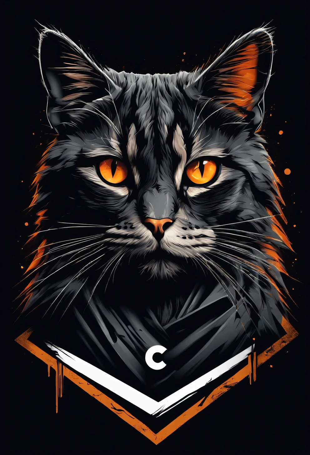 cat logo design (triangle ),t shirt design,beefy style,design only,white background,no model,professional,high contrast,high-res,ultra-detailed,vivid colors,metallic accents,sharp focus,edgy,dynamic composition,gritty texture,rough brush strokes,mechanical elements,chrome effect,classic typography,retro style,distressed look,aggressive lines and curves,3D rendering,striking visual impact,dark shadows,strong branding presence,monochromatic palette,industrial aesthetic, 