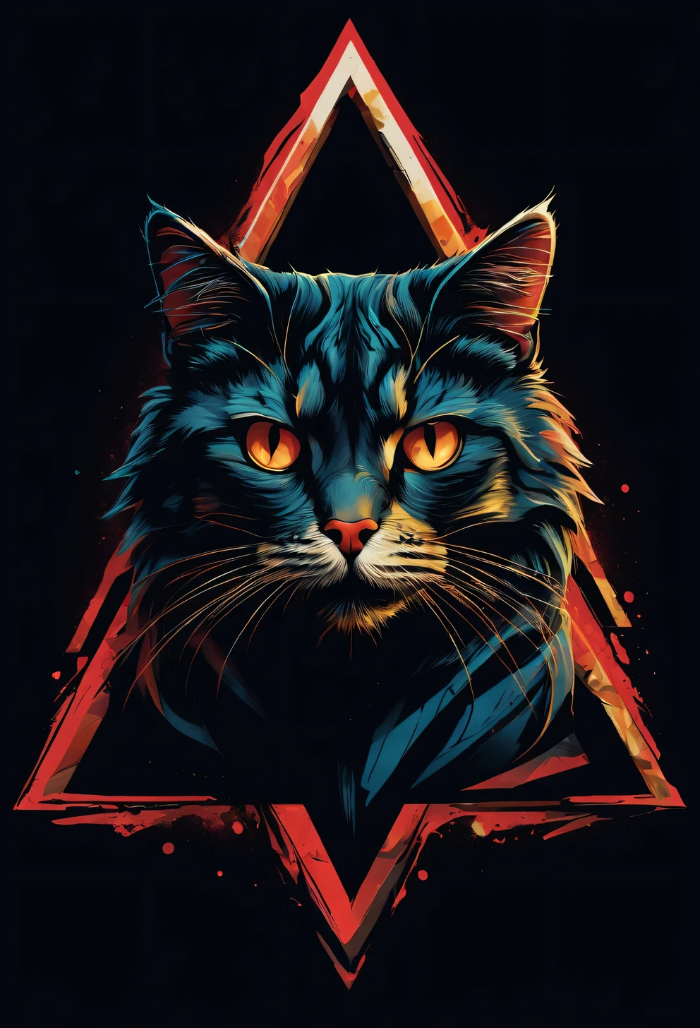 cat logo design (triangle ),t shirt design,beefy style,design only,white background,no model,professional,high contrast,high-res,ultra-detailed,vivid colors,metallic accents,sharp focus,edgy,dynamic composition,gritty texture,rough brush strokes,mechanical elements,chrome effect,classic typography,retro style,distressed look,aggressive lines and curves,3D rendering,striking visual impact,dark shadows,strong branding presence,monochromatic palette,industrial aesthetic, 