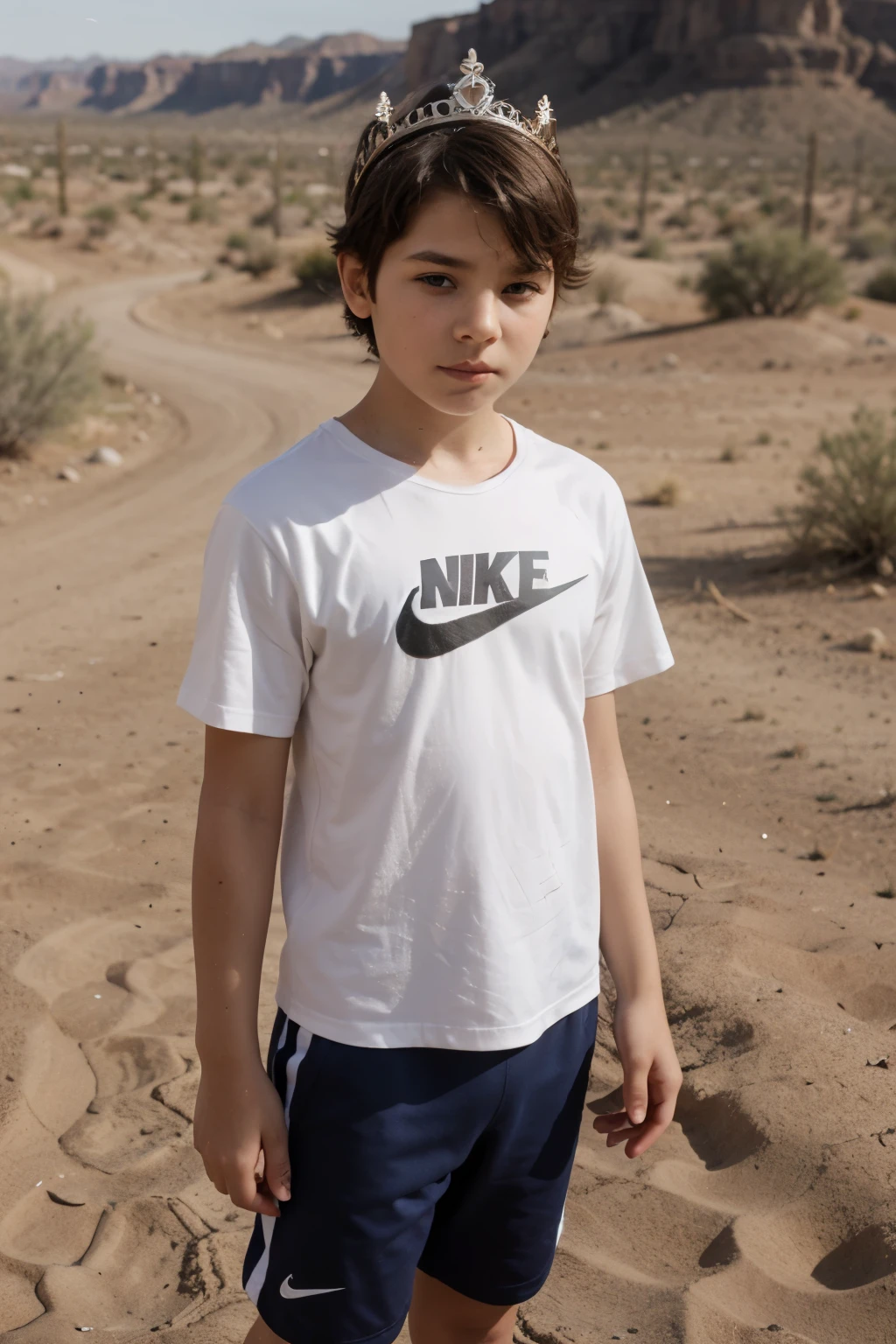 Generate a boy wearing a crown and wearing a nike sports t-shirt, he is in a desert