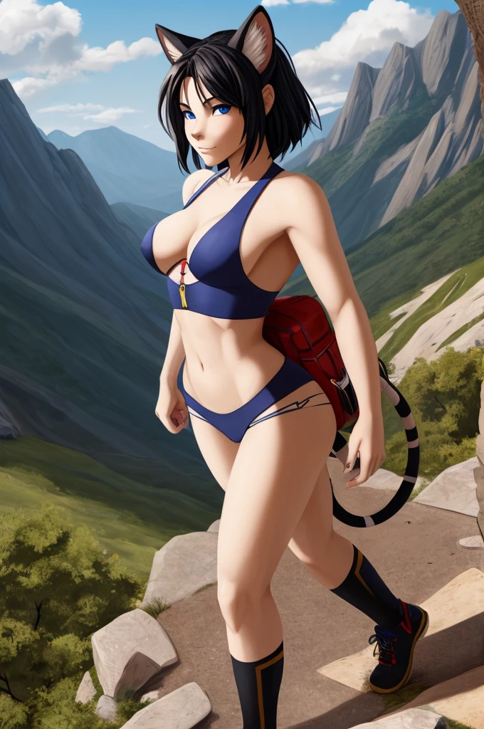 sexy, white tiger cat girl, white tiger stripes, black hair, blue eyes, slender, petite, hiker, mountains
