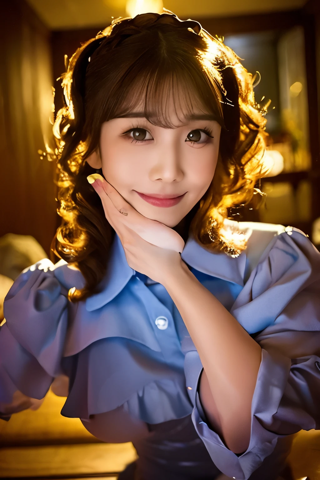 27 years old。Height: 155cm。Weight is 47 kg。Breast size is E cup。face is oval shaped。My forehead is wide。Double eyes and slightly droopy eyes。Hair style is semi-long。Dark brown hair with curls at the ends。The system is carrying on sex、front view。Only a little pubic hair grows、The labia majora are slightly elongated。A little fluid dripping from the genitals。