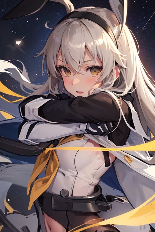 hyper detailed, perfect anatomy, extremely detailed and delicate, 1 girl, shimakaze(kancolle), 1 black cat, night sky, stars, milkyway, hugging a black cat,