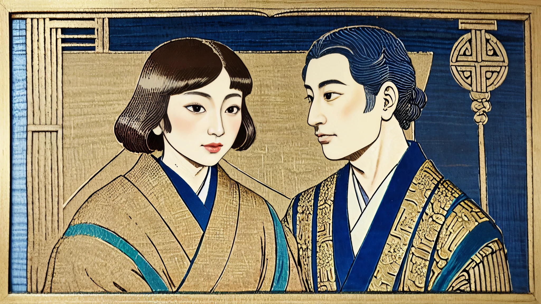 a women and man byzantine japanese woodblock scene, in viennese secession style, gilded, chromatic, whimsical hanukkah, image about "Some relationships last - and some don’t.
But it’s not easy to see - from the outside - what makes the difference, even though it’s a very important question for anyone who cares about love and wants to make it work."