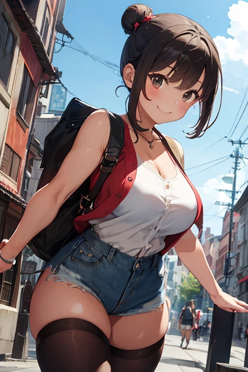 masterpiece、The best、1 female、denim vest、denim short、Red shirt， Bun bun、black hair、Shoulder leakage、big breasts、chubby、Smile、White suspender tights、lace leggingackpack，On campus，pose