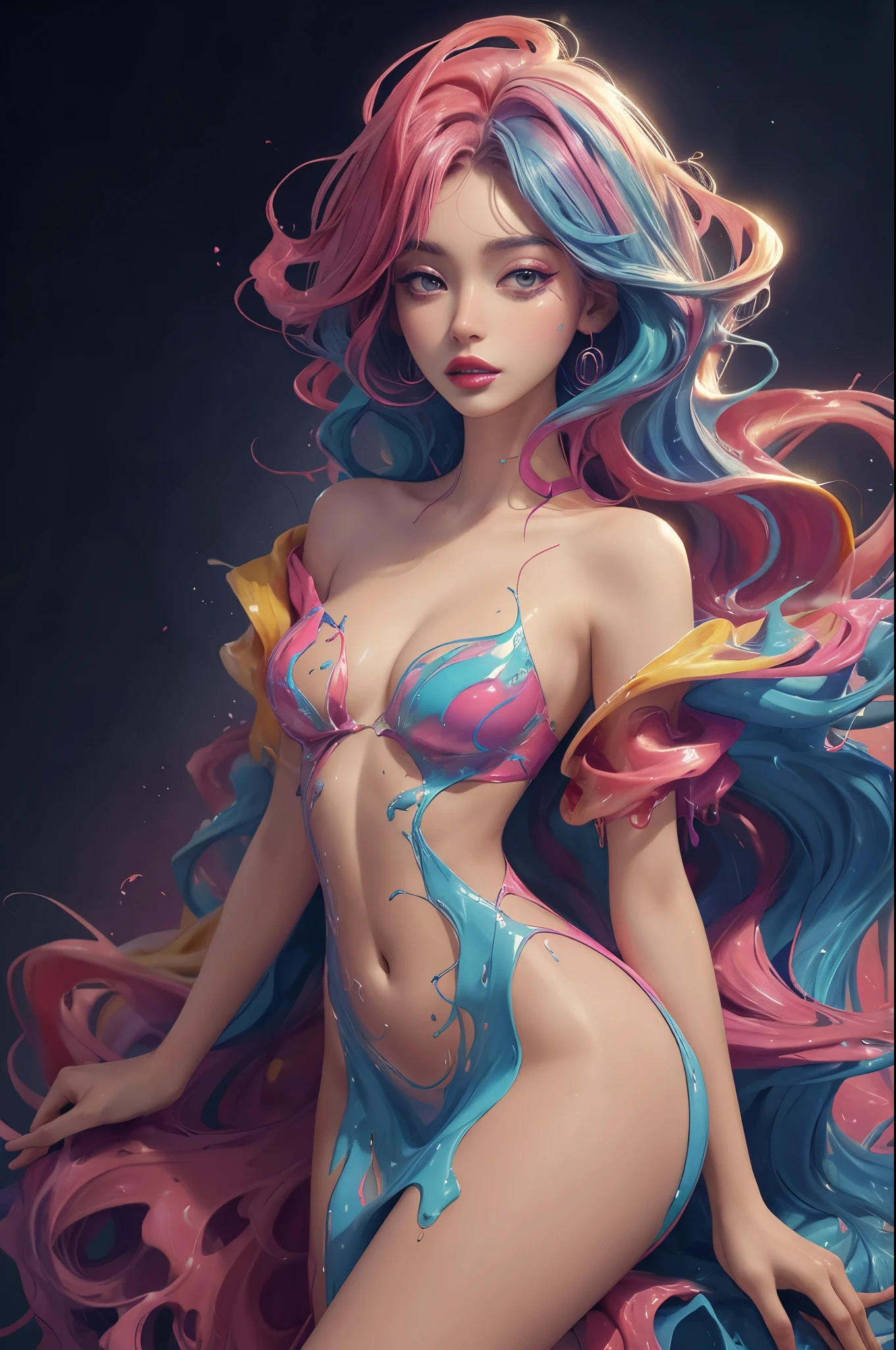 (masterpiece, top quality, best quality, official art, abstract aesthetic),solo,(1girl),(upper body|full body),a woman with colorful lipstick,psychedelic dripping colors,small breasts,best of behance,inspired by Alberto Seveso,smooth digital artwork,behance art,stunning digital art,beautiful acrylic fluid portrait,cgsociety saturated colors,photorealistic digital arts,trending digital art,surrealistic digital artwork,glossy digital painting,exquisite digital fashion photography,uhd,