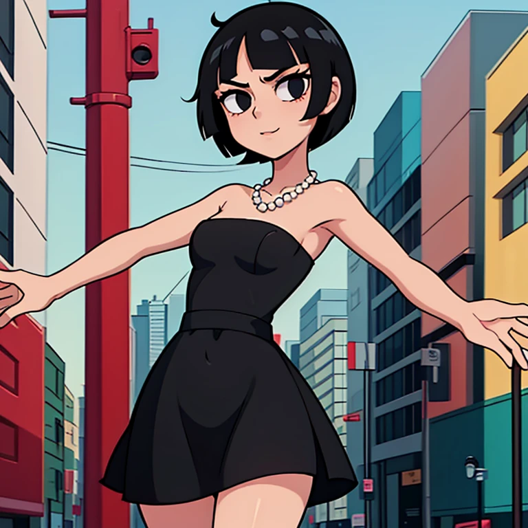 1 girl, Solo, Teenage, Black hair, Short black hair, Medium Hair, Bob Hair, Black eyes, Strapless, Little Black Dress, Off-the-Shoulders dress, pearl necklace, happy, the Mexican city street, Sexy, masterpiece, High quality.