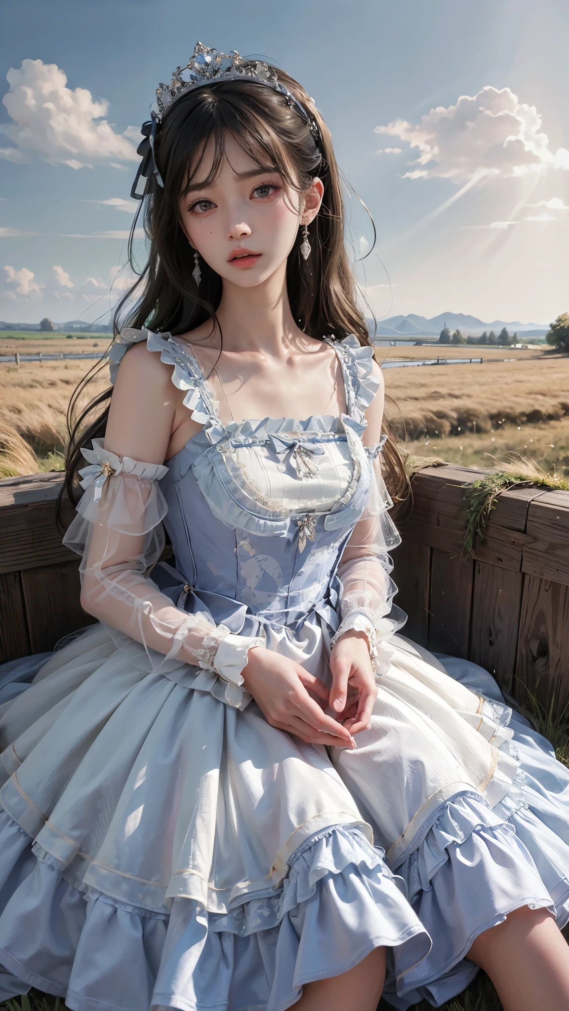 best quality, 超high resolution, (lifelike:1.4), masterpiece, high resolution, The original, Very detailed wallpaper, grassland, Sky, 1 girl, alone, ulyanakanem\), Wassert dress, scratching board,