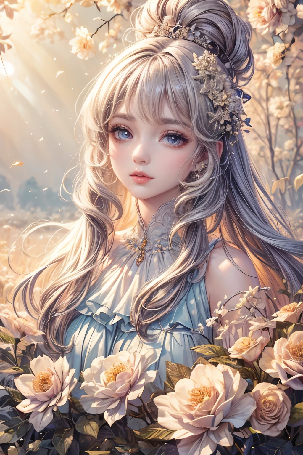 (best quality,8K,CG),detailed upper body,lonely girl,floral forest background,complex facial features,elegant long curly hair,almond-shaped big eyes,detailed eye makeup,long eyelashes,twinkling stars,exquisite lip details,soft and harmonious style.
