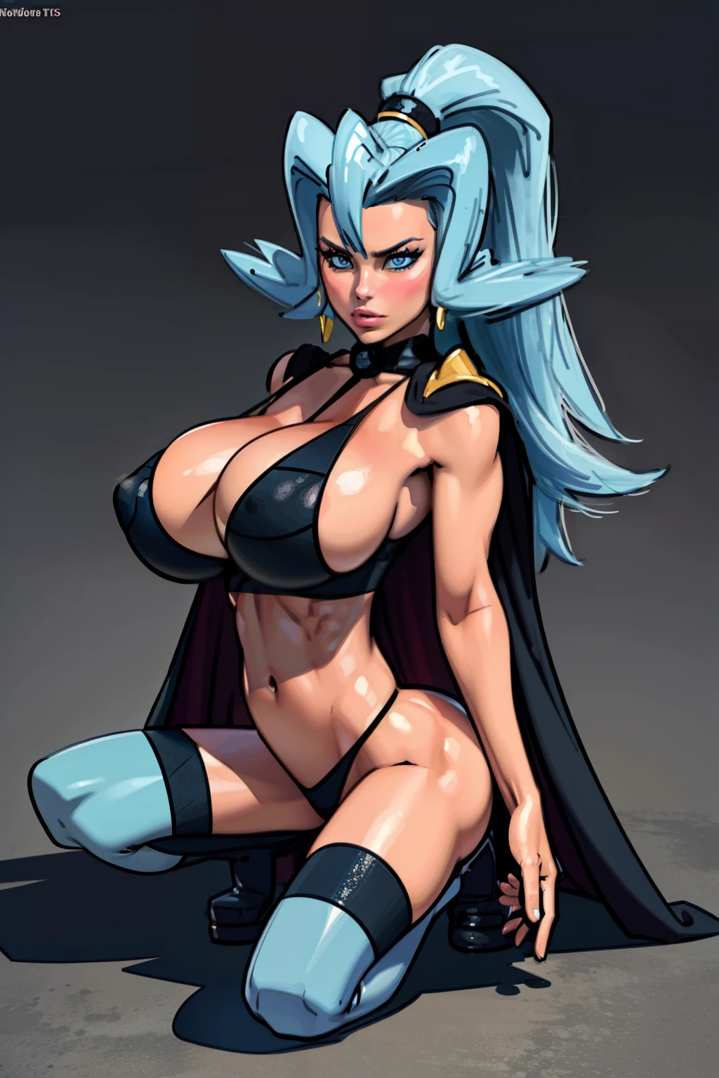 (3d render), Generate an illustration of a mature Clair, gym leader of pokemon,  ponytail, holding a poke all,  de terno preto, long hair, hair flows straight down, darkblue hair, (gigantic breasts:1.4), blue outfit in anime format with a serious style, (black cape), blue tights, blue boots, gothic make up, masterpiece, ((dark lighting)), black background, puffy lips,slendered abs, beautiful face,