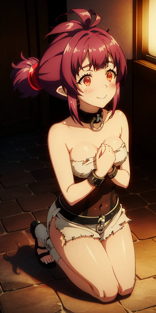 bondage girl,smirking smile red blush,torn apart,chain leash,Behind the hand, Kneeling,shackleDSM,high ponytails