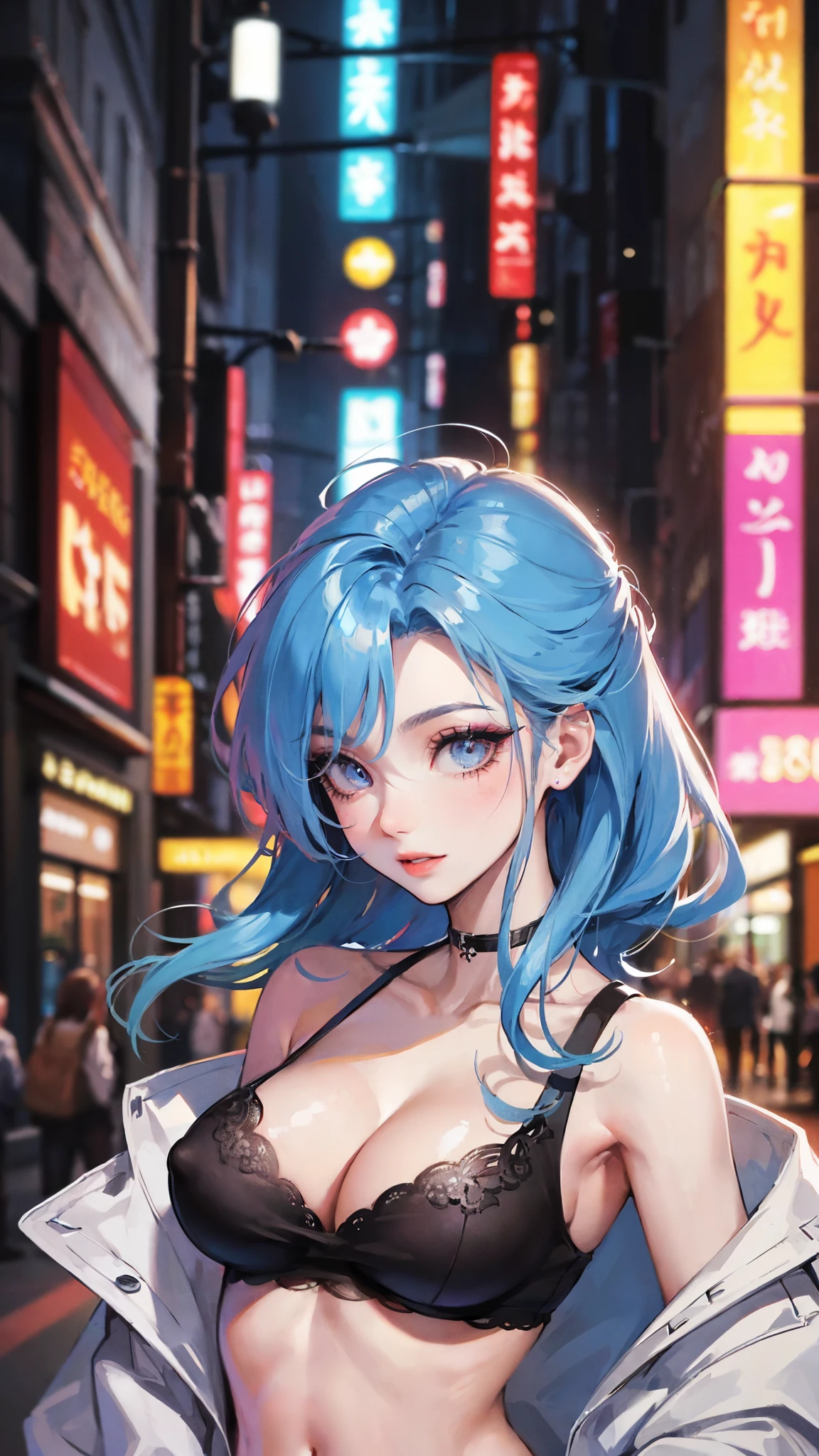 Jinx, Fleshy thighs, Instagram pose, dynamic angle, Tank top, Nipples, C cup, Happy expression, (entire body image:1.5), (8K, Best quality, A high resolution:1.35), (RAW photo:1.2), (Photorealsitic:1.37), (Masterpiece: 1.25), perspired: 0.2, Dramatic lighting, photon maping, Cyberpunk, symmetry, Complexity, Elegance, ((1 girl)), Large of breast, (Long eyelashes), detailed eyelashes, eye shadows, glowing eyes, Natural makeup, Clear facial features, curvy build, (Exposed cleavage), (Showing stomach), ((Fine detailed beautiful eyes: 1.2)), Bad girl, Erotic, Street background, Night City, ((Night)), show armpits