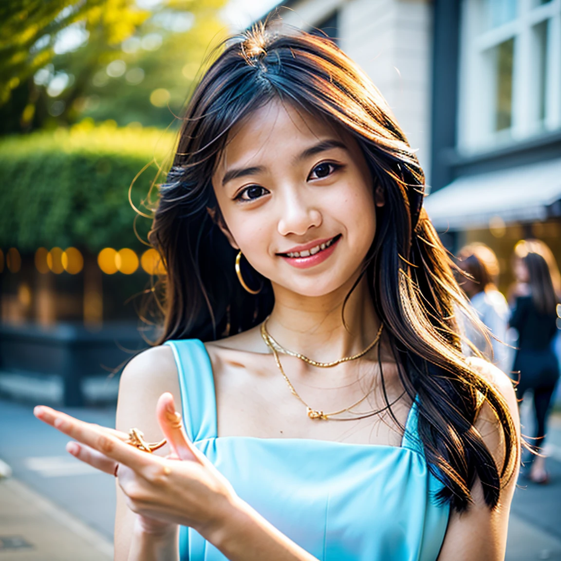 Cute uk girl, beautiful, simple, smile, uk street, blur bg, in public places, block haire, beautiful necklace, handwatch, stylish chain purse, stylish dress, portrait, stylish pose, evning vision, detail image, 2hand, ((fingers error)), ((hand error)), ((face error)), sharp skin, realistic.