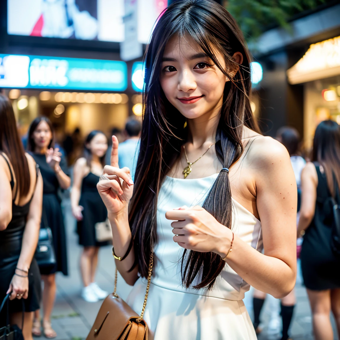 Cute uk girl, beautiful, simple, smile, uk street, blur bg, in public places, block haire, beautiful necklace, handwatch, stylish chain purse, stylish dress, portrait, stylish pose, evning vision, detail image, 2hand, ((fingers error)), ((hand error)), ((face error)), sharp skin, realistic.