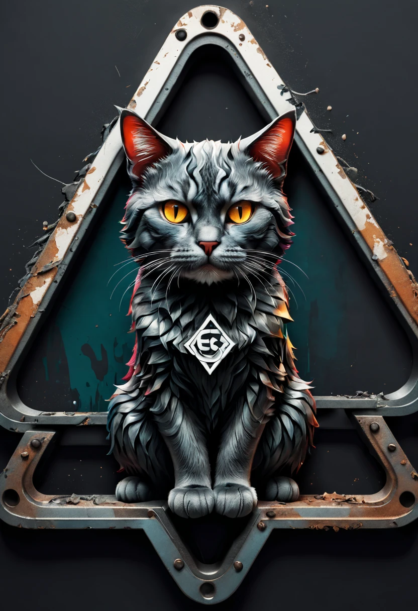 cat logo design (triangle ),t shirt design,beefy style,design only,white background,no model,professional,high contrast,high-res,ultra-detailed,vivid colors,metallic accents,sharp focus,edgy,dynamic composition,gritty texture,rough brush strokes,mechanical elements,chrome effect,classic typography,retro style,distressed look,aggressive lines and curves,3D rendering,striking visual impact,dark shadows,strong branding presence,monochromatic palette,industrial aesthetic, 