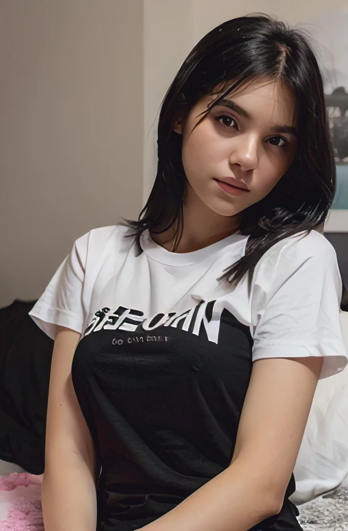 girl with a white skin and black hair, brown eyes, attractive look, wearing black t shirt sitting on bed 