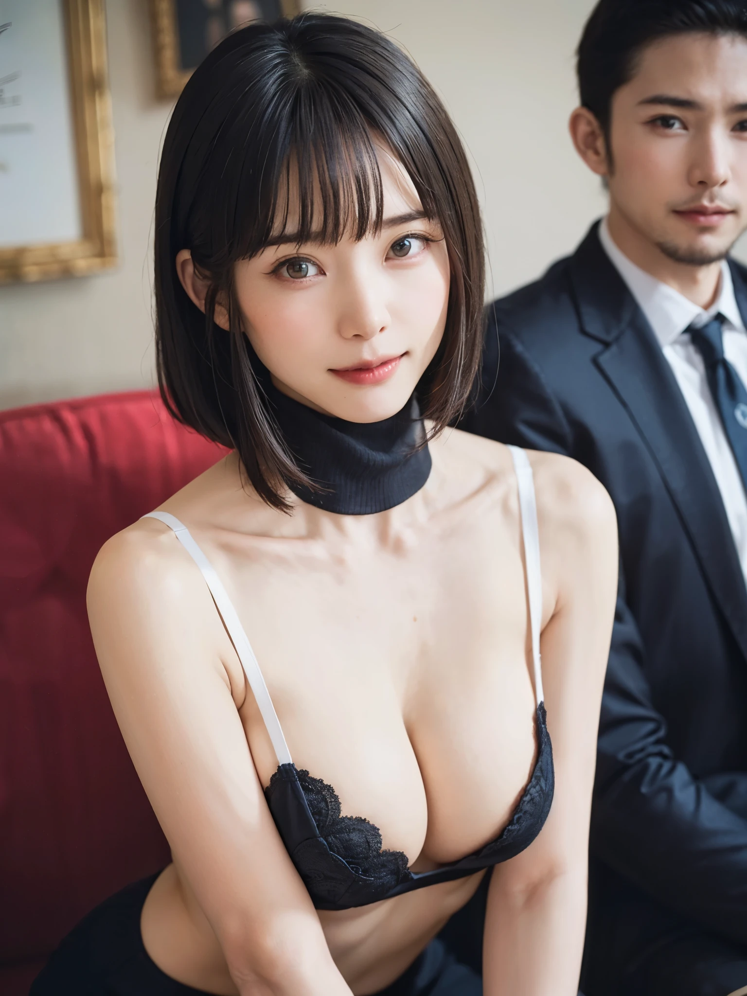 (pieces fly, highest quality、High resolution:1.4、very attractive beauty、Adds intense highlights to the eyes、Please look closely at the camera:1.4、Beautiful woman full of charm、Ideal ratio body proportions、perfect anatomy、brunette short bob hair、shiny hair、bangs:1.4、光沢のあるbangs:1.4、lip gloss),1 girl, Report, light brown shiny hair, scarf,genuine, look at the audience、Please tilt your head slightly, bright colored crystal light blue eyes, shiny short hair、 White turtleneck costume with a hole in the center of the chest,Sexy white turtleneck knit sweater with a round hole in the middle of the chest、 lips, lip gloss, Upper body、Big eyes、eyelashes are a little red、I'It's embarassing)、((italian road in winter))、((short hair with Big eyess、Give students very powerful highlights、{huge|big breasts|hugeな|mega} generally small breasts:1.6、very big breastsger generally small breasts、look at the audience、very beautiful beauty、stick out ears、long neck、smile、smile、happy、beautiful teeth、口を開いてsmile、heart-shaped pupil))、28 years old、very cute super model、