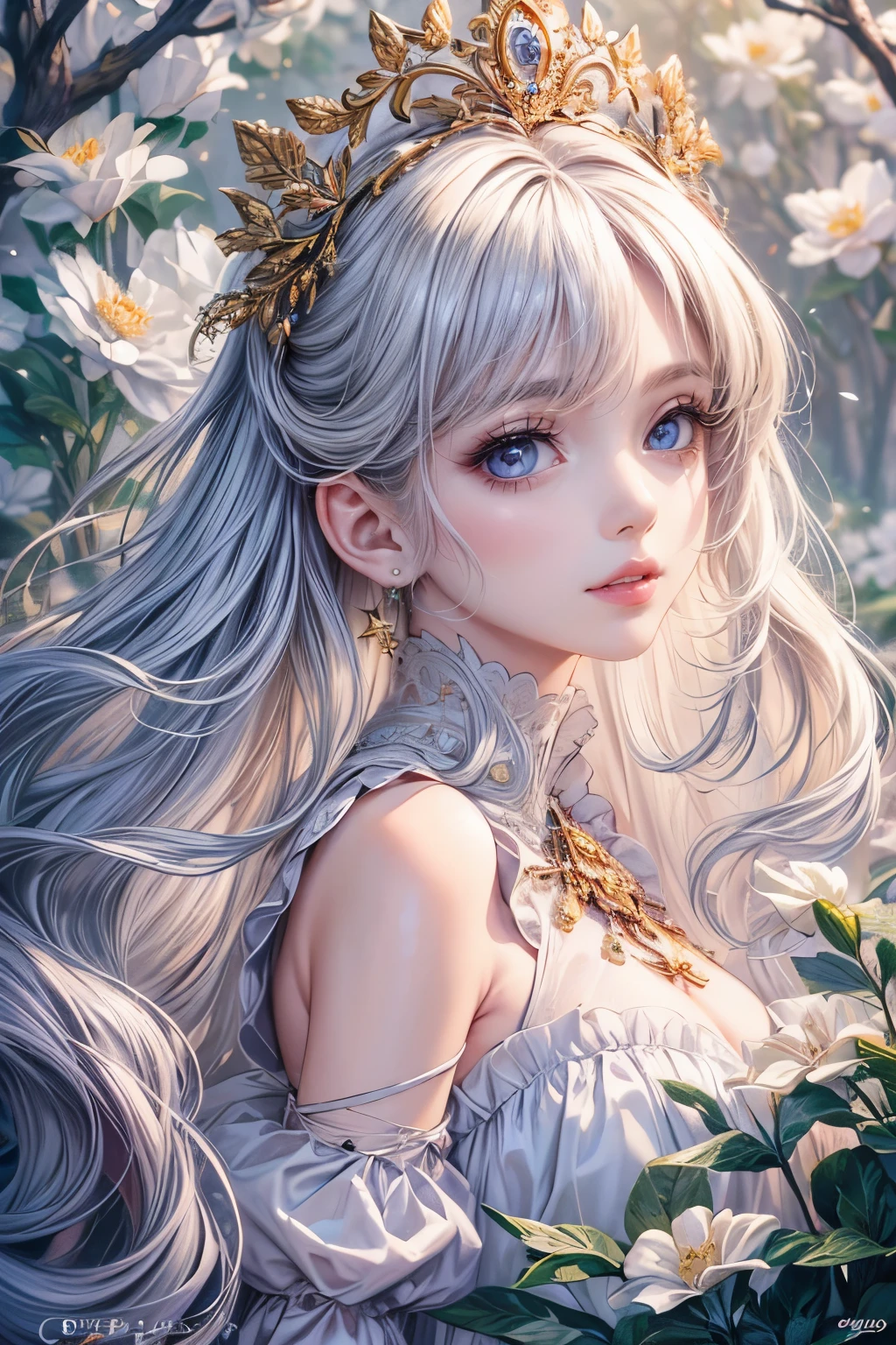 (best quality,8K,CG),detailed upper body,lonely girl,floral forest background,complex facial features,elegant long curly hair,almond-shaped big eyes,detailed eye makeup,long eyelashes,twinkling stars,exquisite lip details,soft and harmonious style.