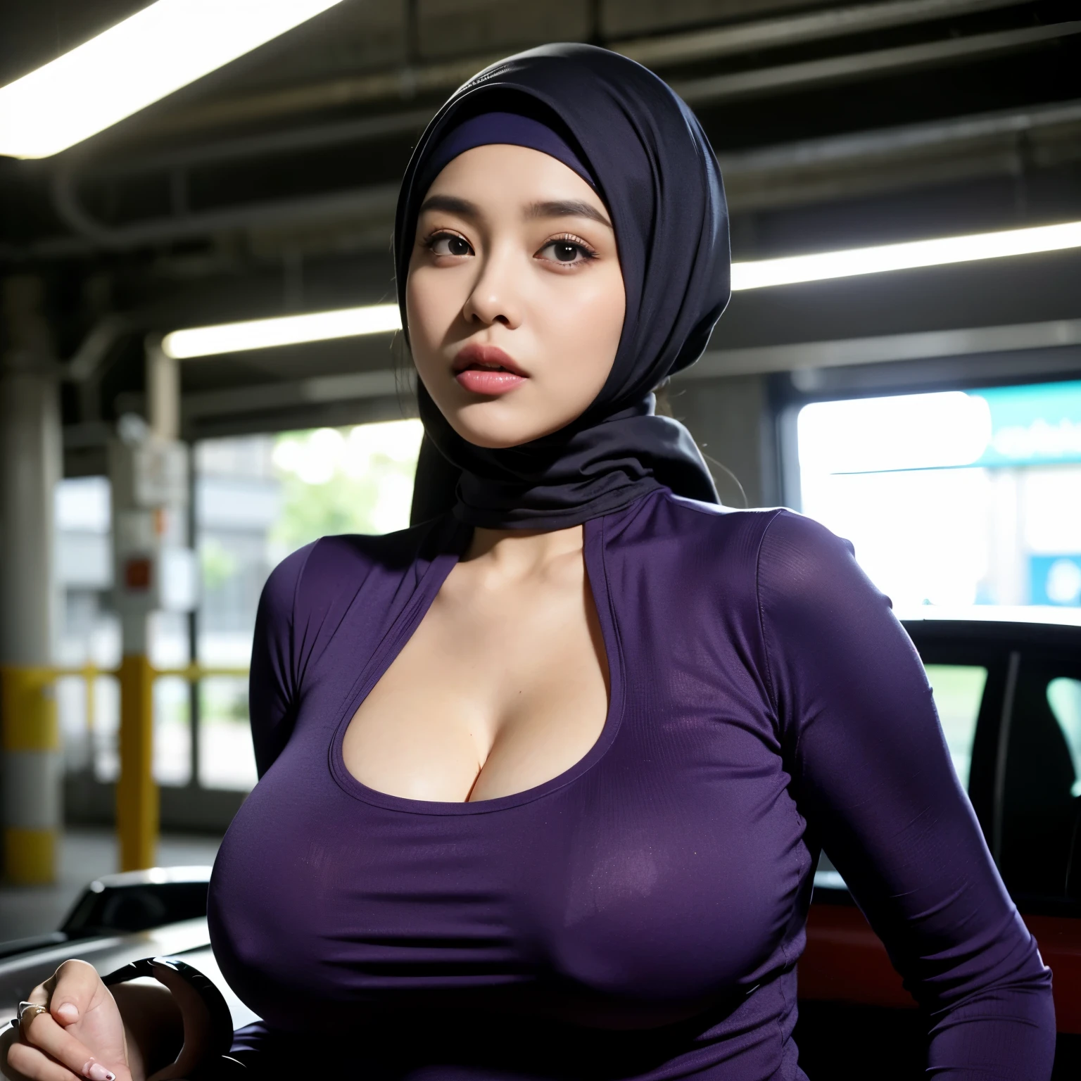 Extremely detailed, In the underground car park,Hijab Indonesian MILF, Slightly fat, plump, A big-breasted, Gigantic big tits, Refined face, sexy for Magazine, Purple crewneck dress, Tight dress, Close-up of people, Hi-Def, photorealistic perfect body, realistic High Quallity.