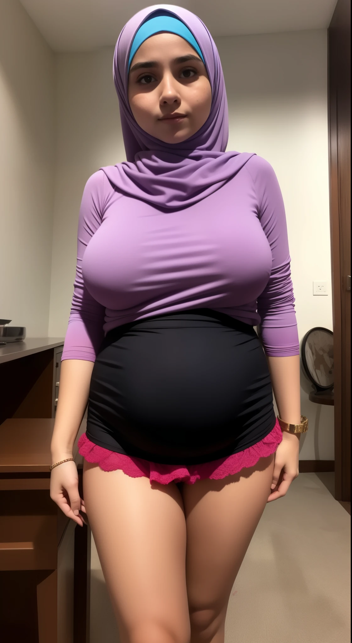 Hijab  OLD teen girlat chest, very tigh short mini skirt, Satin Rainbow lace, pregnant , Very large and saggy breasts, show my breasts