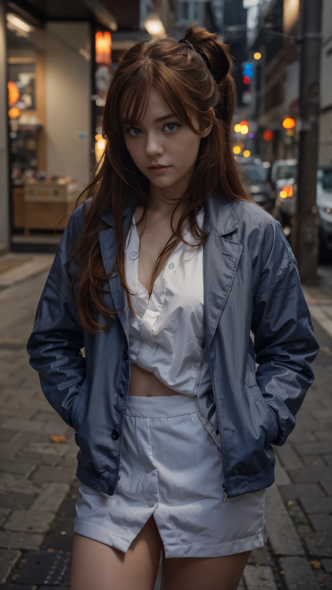 (best quality), high resolution, Asuka Langley Soryu, Beautiful Pretty Mixed German Babe, ((beautiful face)), sexy lips, Gingers Twin tails long Hair, intense gaze, dark blue detailed beautiful eyes, combine realism and anime influence, outside office, pedestrian walk, gray jacket, plaid skirt, stockings, wind,