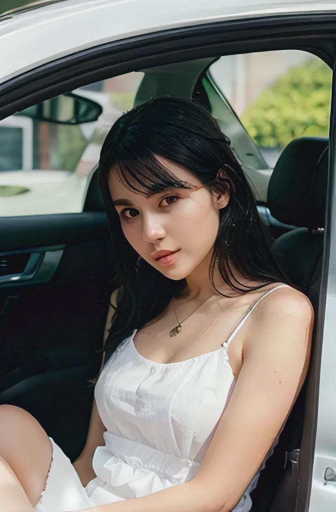 girl with a white skin and black hair, brown eyes, wearing white dress, sitting in car