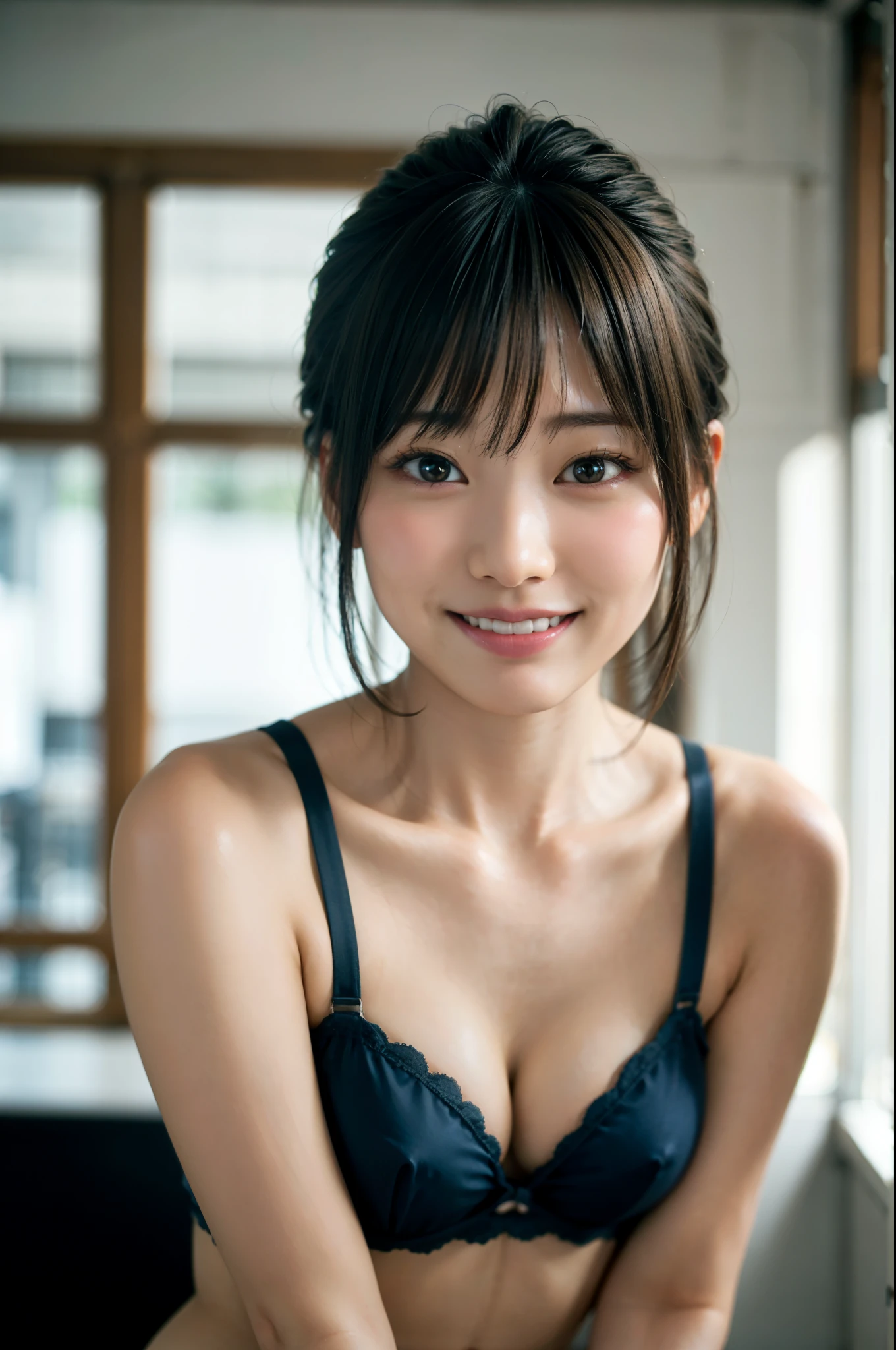 Japan girl in underwear at home、light blue bra、looking at the viewer、Change of clothes(highest quality、masterpiece)))、High resolution、very detailed、masterpiece、movie lighting、(8K、highest quality、masterpiece:1.2)、(realistic、photorealistic:1.37) high resolution、super detailed、1 girl 、Woman with glasses、Asian, cute, cute顔, solo, short hair1.2, rough skin, Beautiful smile, ,movie lighting, Depth of bounds written, Lens flare light、On a date、(blush nose)、(laughter:1.15)、(closed your mouth)small breasts、beautiful and delicate eyes、(short hair:1.2)、floating hair novafrogstyle、