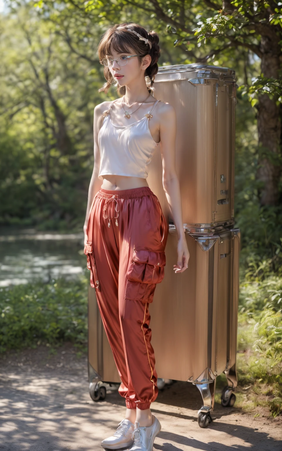 (8K, Masterpiece, RAW photo, Best quality, detail:1.3), (ultra realistic Natural background, scenary:1.5), Depth of field, Cinematic light, (ultra realistic face), (1 picture of 1 solo girl Airim Jones:1.6), 1girl, (Beautiful and elegant Russian girl), (skinny girl with glasses), (European face:1.3), (perfect complete full body:1.6), (full body shot including shoes:1.6), (perfect [frontal view|side profile|back profile]:1.5), (small necklace, collarbone:1.1), ( [bangs|pigtails|bob|pixie] hair:1.5), (ultra detailed skin:1.4), (sexy red minitop:1.5), (soft fabric miniTop:1.5)tight, (Cargo Joggers:1.6), (perfect standing pose:1.5), (perfect long legs:1.35), (low rise pants:1.5), (low waisted pants:1.5), (perfect shoes:1.5), (perfect feet:1.5), (perfect oriented feet:1.4)
