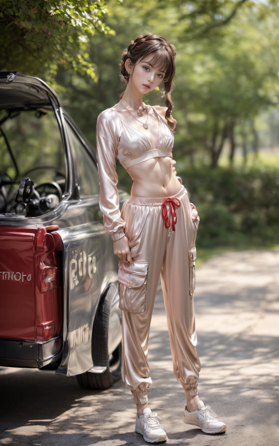 (8K, Masterpiece, RAW photo, Best quality, detail:1.3), (ultra realistic Natural background, scenary:1.5), Depth of field, Cinematic light, (ultra realistic face), (1 picture of 1 solo girl Airim Jones:1.6), 1girl, (Beautiful and elegant Russian girl), (skinny girl with glasses), (European face:1.3), (perfect complete full body:1.6), (full body shot including shoes:1.6), (perfect [frontal view|side profile|back profile]:1.5), (small necklace, collarbone:1.1), ( [bangs|pigtails|bob|pixie] hair:1.5), (ultra detailed skin:1.4), (sexy red minitop:1.5), (soft fabric miniTop:1.5)tight, (Cargo Joggers:1.6), (perfect standing pose:1.5), (perfect long legs:1.35), (low rise pants:1.5), (low waisted pants:1.5), (perfect shoes:1.5), (perfect feet:1.5), (perfect oriented feet:1.4)