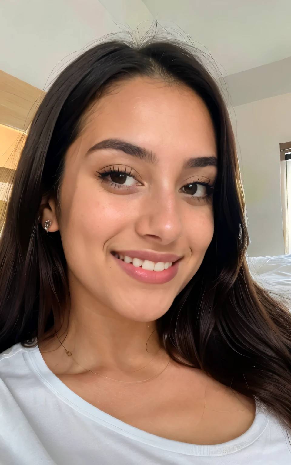 photorealistic, sharp focus, raw photo,  photo, beautiful 20 y.o latina-spanish girl, , detailed skin poreace texture, pores, (goosebumbs:0.7), photorealistic, beautiful 20 y.o latina-spanish girl, in bed selfie, wearing plain white tshirt, smiling towards the camera, nice body, looking at camera, angle taken from right hand on an iphone 14 camera, messy hair