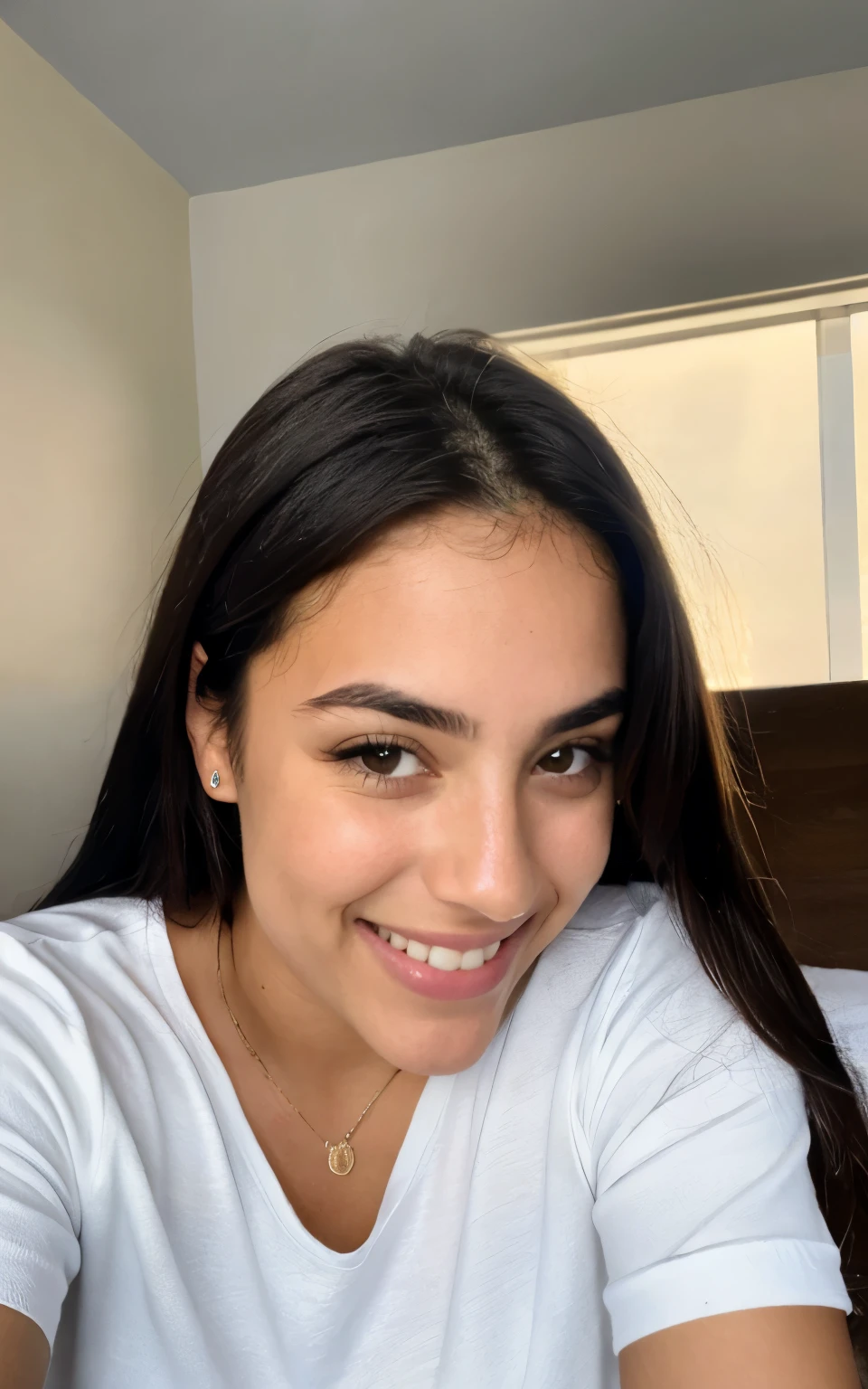 photorealistic, sharp focus, raw photo, photo, beautiful 20 y.o latina-spanish girl, , detailed skin poreace texture, pores, (goosebumbs:0.7), photorealistic, beautiful 20 y.o latina-spanish girl, in bed selfie, wearing plain white tshirt, smiling towards the camera, nice body, looking at camera, angle taken from right hand on an iphone 14 camera, messy hair