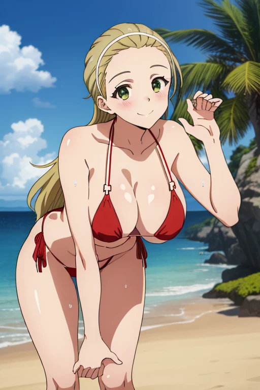 (​masterpiece, top-quality, detaile, hight resolution, extremely delicate and beautiful, anime colours, 8k, photorealistic), akebi sasaki, hairband, long hair, 1girl, dark green eyes, smile, blush, (red Micro Bikini:1.5), (huge drooping breasts:2.0, cleavage, erect nipples), (Leaning forward:1.8, hands on thigh:1.7), (slender, Upper body), (perfect detailed anatomy, Beauty details eyes, Shiny skin, beautiful breasts and cleavage), thick outline, beach, wet