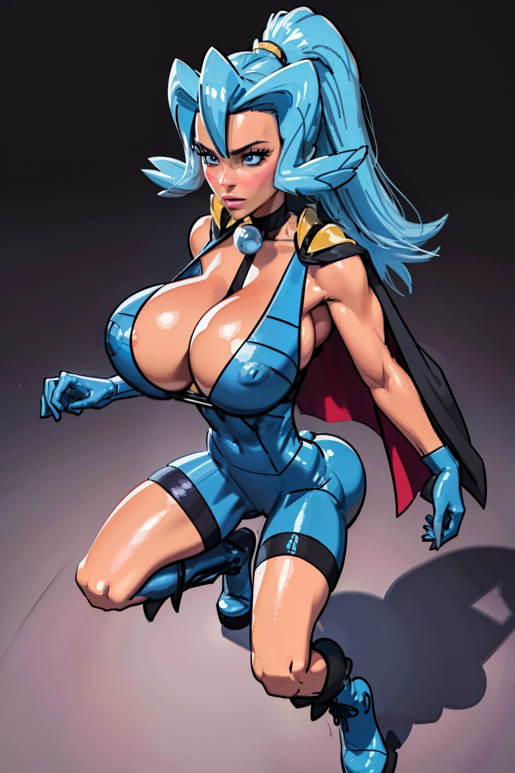 (3d render), Generate an illustration of a mature Clair, gym leader of pokemon,  ponytail, holding a poke all,  de terno preto, long hair, hair flows straight down, darkblue hair, (gigantic breasts:1.4), blue outfit in anime format with a serious style, (black cape), blue tights, blue boots, gothic make up, (fishnet stockings:1.2), masterpiece, ((dark lighting)), black background, puffy lips,slendered abs, beautiful face,