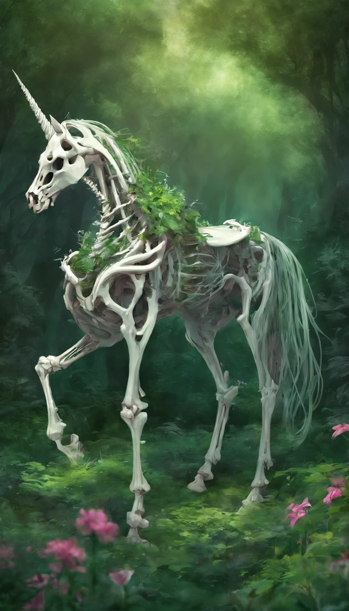 unicorn skeleton, in the middle of green flora, by Bleedman, highly detailed, digital painting, painting fantasy, deviantart art station, Semilateral Light