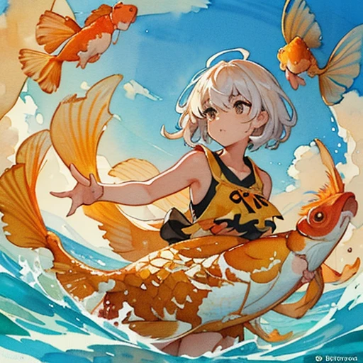 A girl is floating with a large group of diffused corn flakes.、amazing dynamism、amazing angle、Unstable buoyancy sandstorm、(((A lot of friendly big carp floats and I chase them.)))、(((surround each other'watercolor goldfish)))