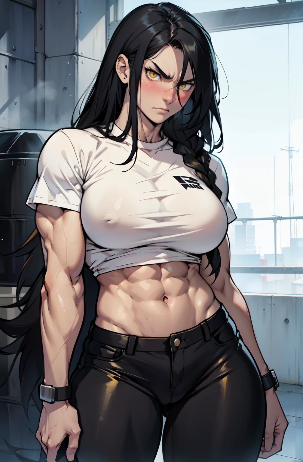 1girl, extremely long hair, solo, ((muscular)), veins, black hair, yellow eyes, blushing, thick thighs, pale skin, strong, veins, abs, big thighs, huge breasts, navel, standing, angry, tight pants, tight shirt