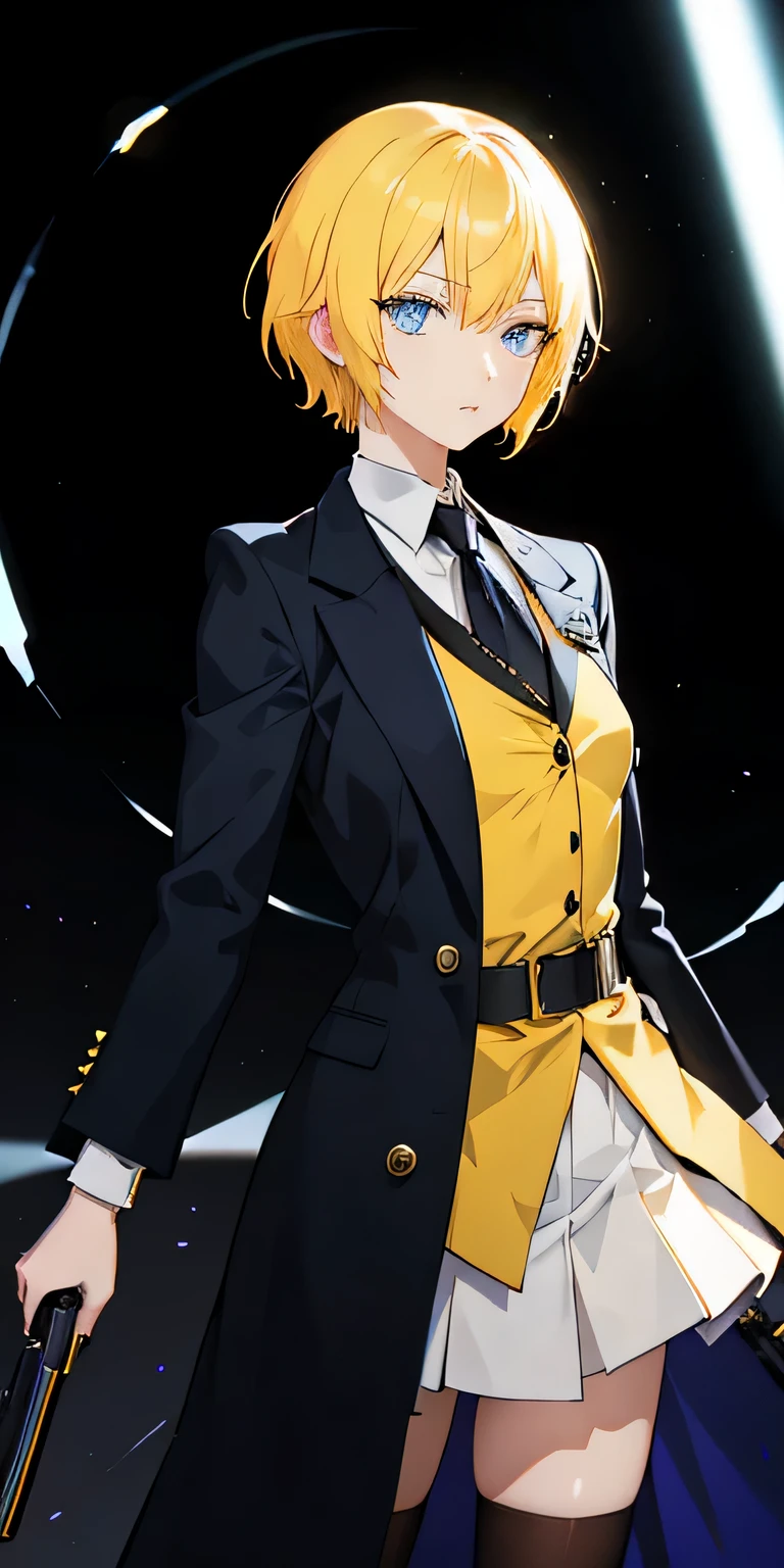 anime character with gun, female, yellow noble short hair, blue eyes, holding handgun, light particles, wallpaper, chromatic aberration, plague doctor costume, not using mask, white background