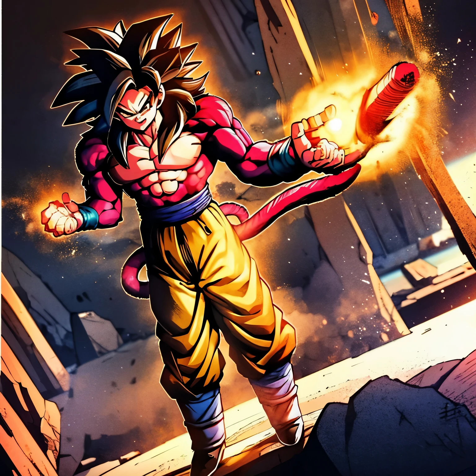 Goku, super saiyan 4, very sarcastic smile, looking the cam, forced perspective, semi full-body, standing pose, long whithe pants and blue stip at the waist