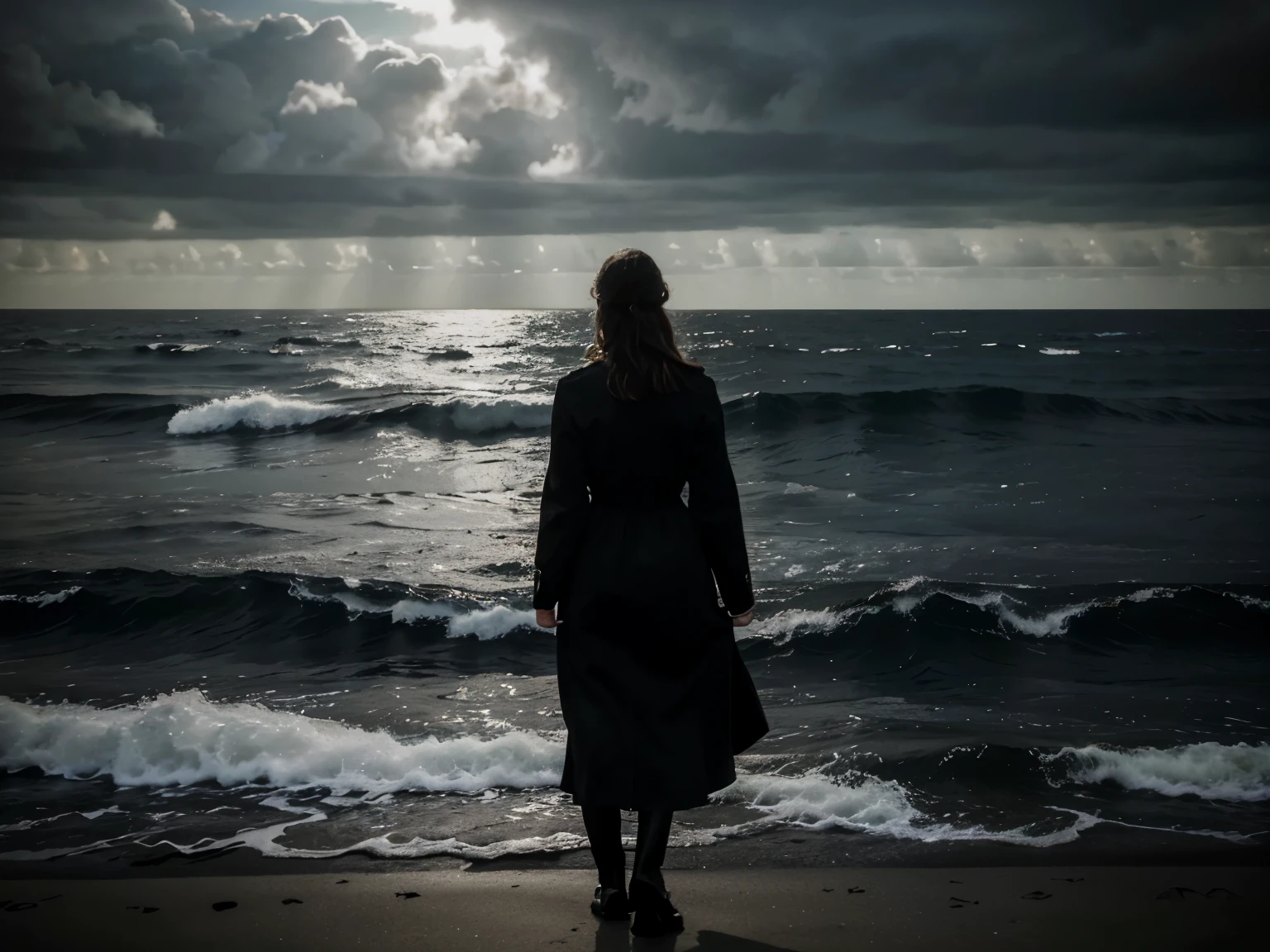 March 1941, River Ouse in East Sussex, England, we see the back of a female figure, it's writer Virginia Woolf from 1941, and she's standing in period clothing, on the edge of a turbulent, deep mysterious ocean, she stand on the edge of the ocean, looking out to sea, the grey clouds, the sky, the horizon of the the ocean, the image is moody and dark, the image is haunting and is captured perfectly with a Lucious film quality, realistic photo, (48% of photo is black in drawing:1.4), (everything looks luxurious and elegant:0.9)