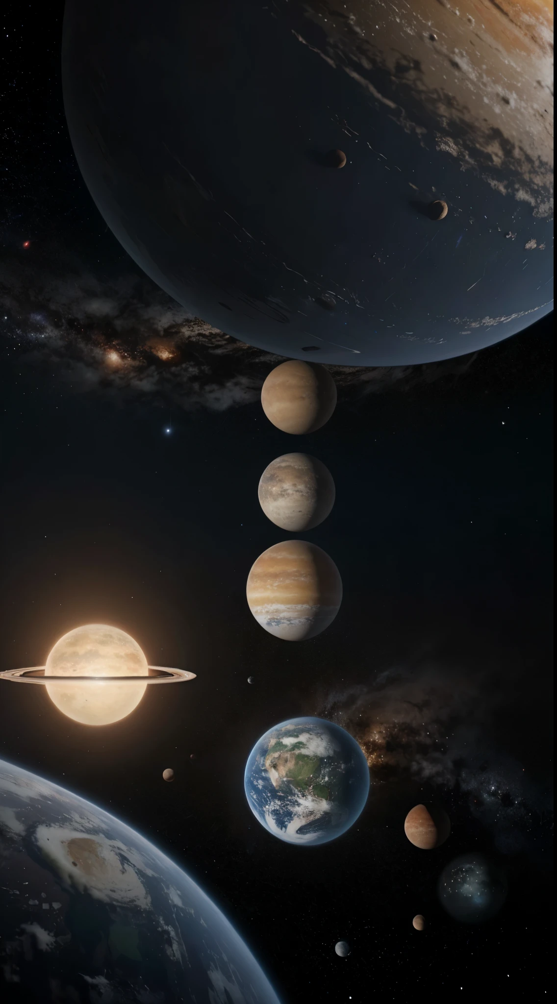 4 round planets aligned, planets in galaxy, high quality, ultra-high definition, 4k resolution, 8k resolution, ultra-realistic, hyper realistic.