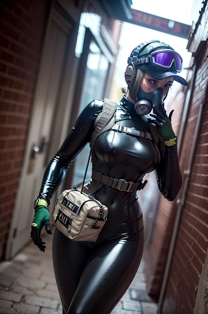 Woman wearing black skin tight latex catsuit and MSA Advantage 1000 gas mask in alley