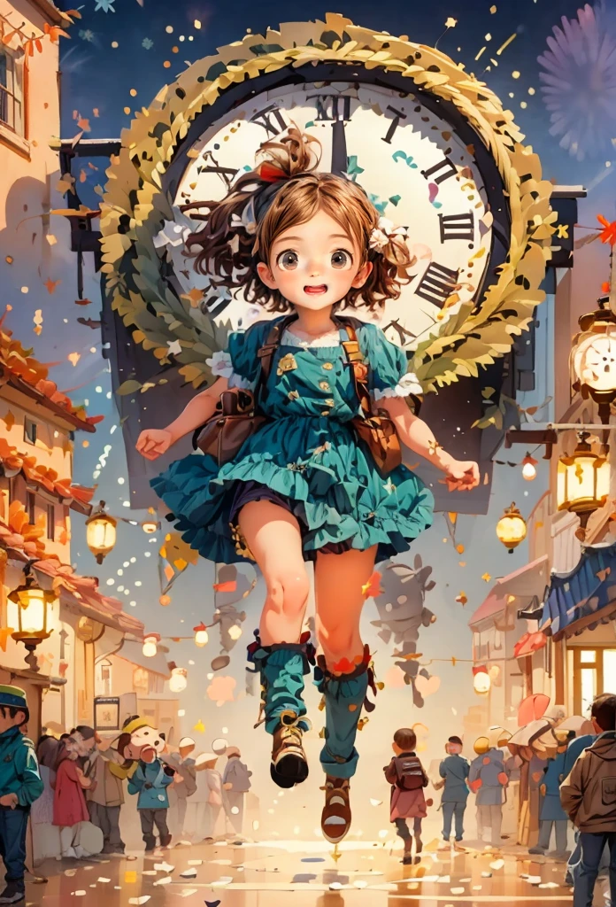Generate an image of Wendy Darling from the Disney movie ‘Peter Pan’. Wendy is a young girl with brown hair tied back with a blue ribbon, wearing a light blue nightgown. The setting is the nighttime sky over London, with Big Ben and the city lights visible in the background. Wendy is flying gracefully, her arms outstretched and a look of wonder and excitement on her face as she sprinkles pixie dust. The stars and the moon illuminate the scene, adding a magical atmosphere.”