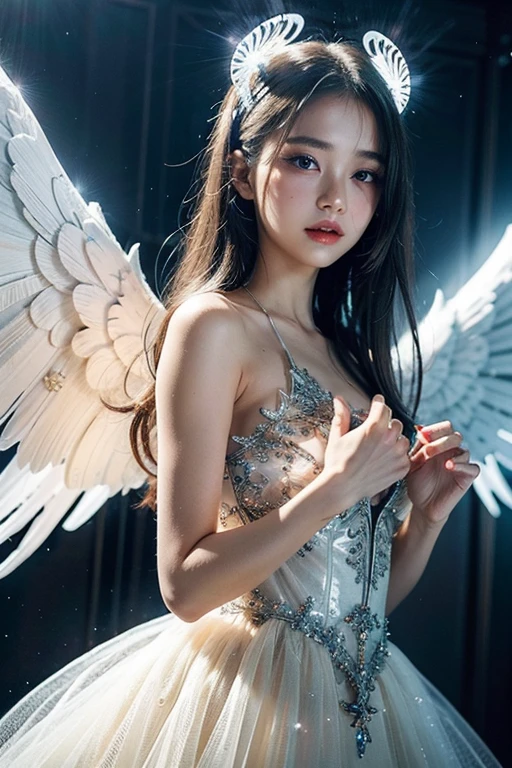 masterpiece, (best quality:1.2), [:intricate details:0.2], 1 girl, , Angel, Angel wings, White frills, (Daytime sky), A flashing halo, intense concentration, Burst energy, mystic symbols, Glittering particles,