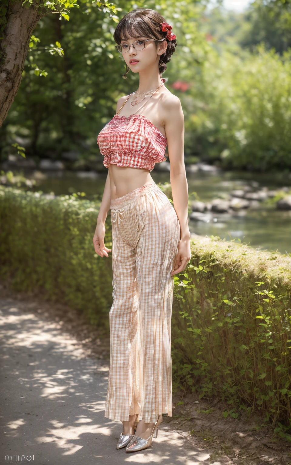 (8K, Masterpiece, RAW photo, Best quality, detail:1.3), (ultra realistic Natural background, scenary:1.5), Depth of field, Cinematic light, (ultra realistic face), (1 picture of 1 solo girl Airim Jones:1.6), 1girl, (Beautiful and elegant Russian girl), (skinny girl with glasses), (European face:1.3), (perfect complete full body:1.5), (small necklace, collarbone:1.1), ( [bangs|pigtails|bob|pixie] hair:1.5), (ultra detailed skin:1.4), (sexy red outfit:1.6),, (Gingham Pants:1.55), (perfect standing pose:1.5), (perfect long legs:1.4)