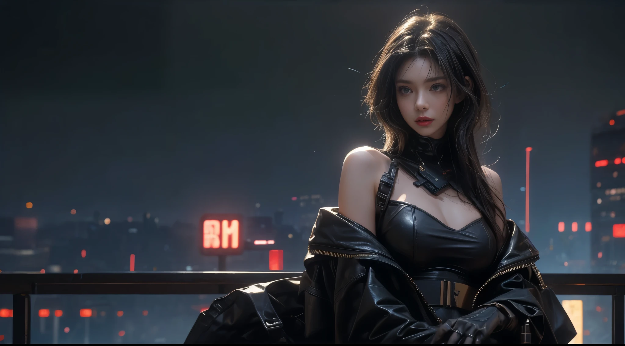 original photo, (best quality:1.3), high resolution, (masterpiece), (lifelike:1.4), Professional photography, sharp focus, high dynamic range, 8k resolution, intricate details, exquisite detailing, depth of field, Extremely detailed CG unified 8k wallpaper, masterpiece,filmposter,best quality,official art,(Beauty and aesthetics:1.2),(masterpiece:1.3),The cities of the future,cyberpunk characterar,a girl,sexy leather clothes,Off the shoulders,No underwear,looking at camera,(Medium focus lens:1.8),volume fog,rain,night,drama