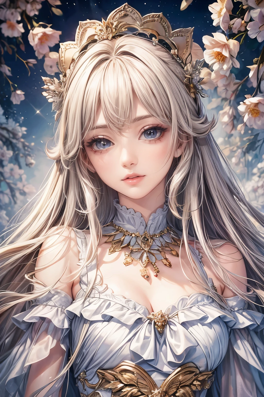 (best quality,8K,CG),detailed upper body,lonely girl,floral forest background,complex facial features,elegant long curly hair,almond-shaped big eyes,detailed eye makeup,long eyelashes,twinkling stars,exquisite lip details,soft and harmonious style.