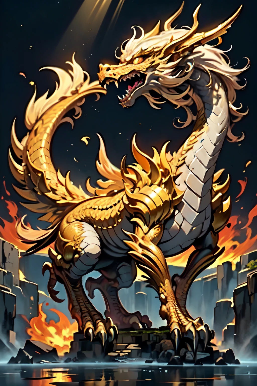 (a majestic close-up of a legendary golden dragon - vibrant, flying sky, scales reflecting sunlight - intricate details, fiery eyes - ancient wisdom), (Best quality, realistic: 1.37), Ultra detailed (vivid colors , beautiful color palette), ethereal atmosphere, ethereal lighting, mythical creature, powerful presence, anime style, full body.