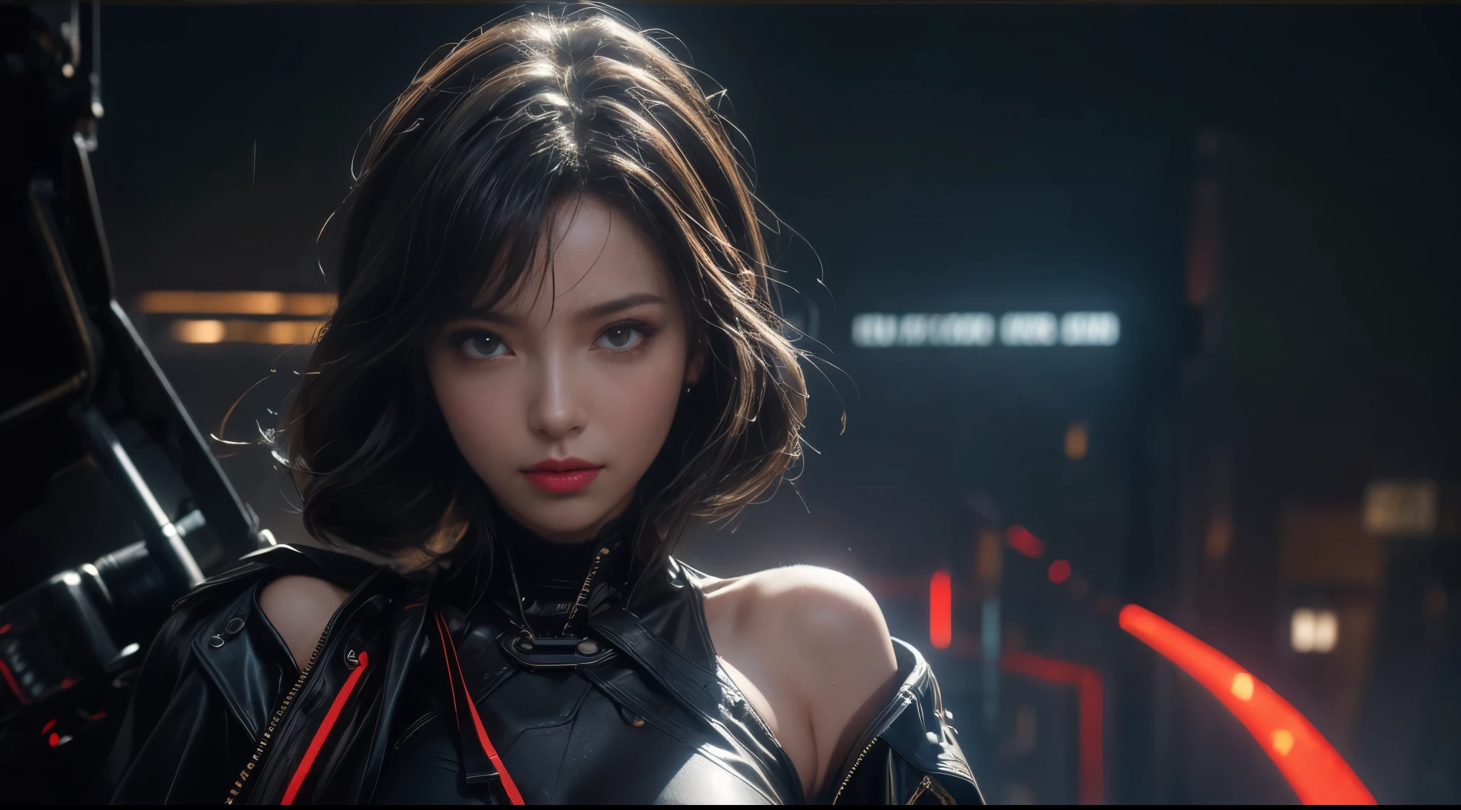 original photo, (best quality:1.3), high resolution, (masterpiece), (lifelike:1.4), Professional photography, sharp focus, high dynamic range, 8k resolution, intricate details, exquisite detailing, depth of field, Extremely detailed CG unified 8k wallpaper, masterpiece,filmposter,best quality,official art,(Beauty and aesthetics:1.2),(masterpiece:1.3),The cities of the future,cyberpunk characterar,a girl,sexy leather clothes,Off the shoulders,No underwear,looking at camera,(Medium focus lens:1.8),volume fog,rain,night,drama