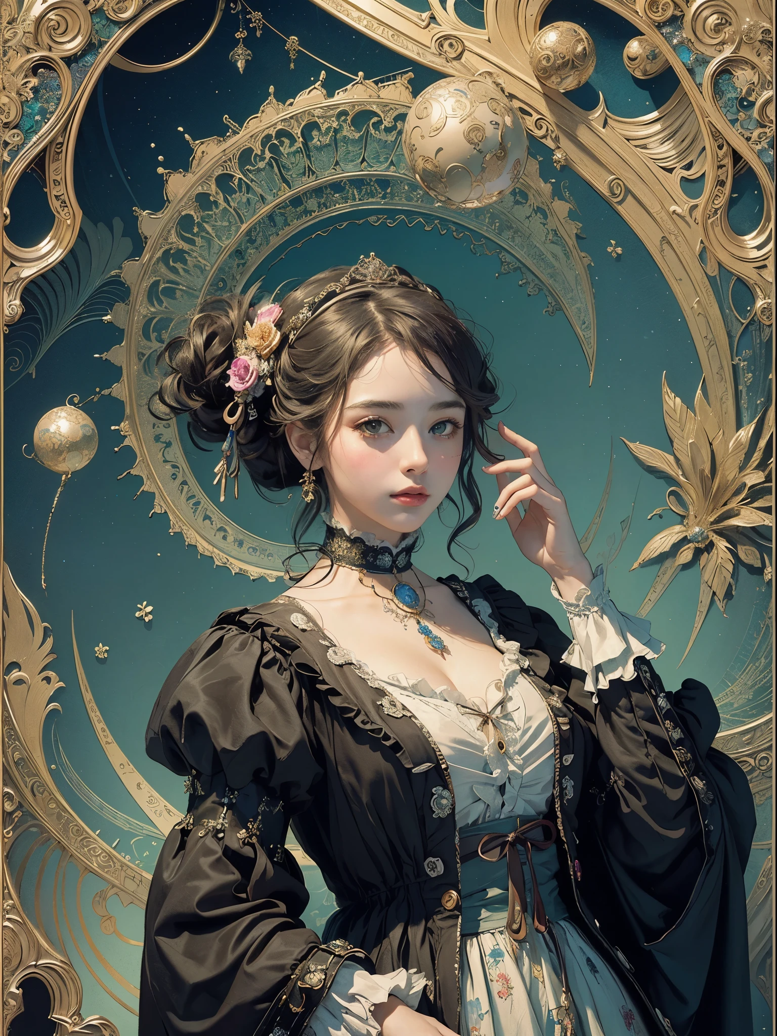 (masterpiece、quality、quality、Detailed and complex、official art、aestheticly pleasing:1.3)、(1 girl in:1.3)、(fractal art:1.3)、Extremely colorful、vivid、victorian era clothing