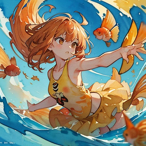 A girl is floating with a large group of corn flakes.、amazing dynamism、amazing angle、Unstable buoyancy sandstorm、(((A lot of friendly long carp float around and I chase them.)))、(((surround each other'watercolor goldfish)))