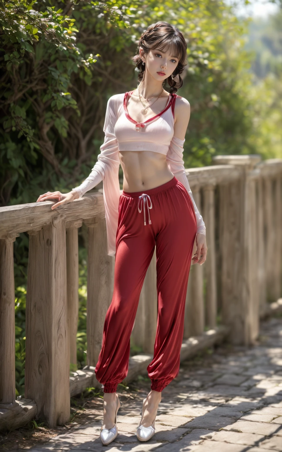 (8K, Masterpiece, RAW photo, Best quality, detail:1.3), (ultra realistic Natural background, scenary:1.5), Depth of field, Cinematic light, (ultra realistic face), (1 picture of 1 solo girl Airim Jones:1.6), 1girl, (Beautiful and elegant Russian girl), (skinny girl with glasses), (European face:1.3), (perfect complete full body:1.6), (full body shot including shoes:1.6), (perfect [frontal view|side profile|back profile]:1.5), (small necklace, collarbone:1.1), ( [bangs|pigtails|bob|pixie] hair:1.5), (ultra detailed skin:1.4), (sexy red minitop:1.5), (soft fabric miniTop:1.5), (tight Knit Joggers:1.6), (perfect standing pose:1.5), (perfect long legs:1.35), (low rise pants:1.5), (low waisted pants:1.5), (perfect shoes:1.5), (perfect feet:1.5), (perfect oriented feet:1.4)